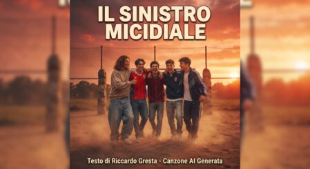 Copertina dell'album "Il sinistro micidiale". Sfondo al tramonto con toni caldi arancioni e dorati su un campo di calcio di periferia polveroso delimitato da pietre e una recinzione in rete metallica arrugginita. In primo piano, un gruppo di amici sorridenti cammina abbracciato di spalle. In alto spicca il titolo in grande e in basso il sottotitolo con i crediti.